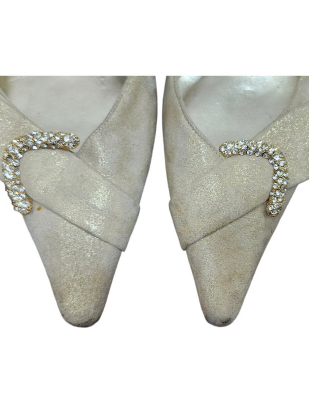 Stuart Weitzman Slingback Heels Beige Suede Rhinestone Buckle Pointed Toe US 8 M - Picture 3 of 11